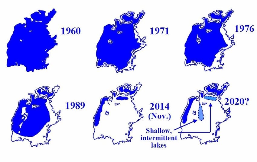 Figure 1: The changing profile of the Aral Sea since 1960. Source: https://issues.org/molden/