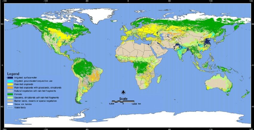 Figure 2: Global rain-fed croplands along with irrigated crops and other land use/land cover[2] 